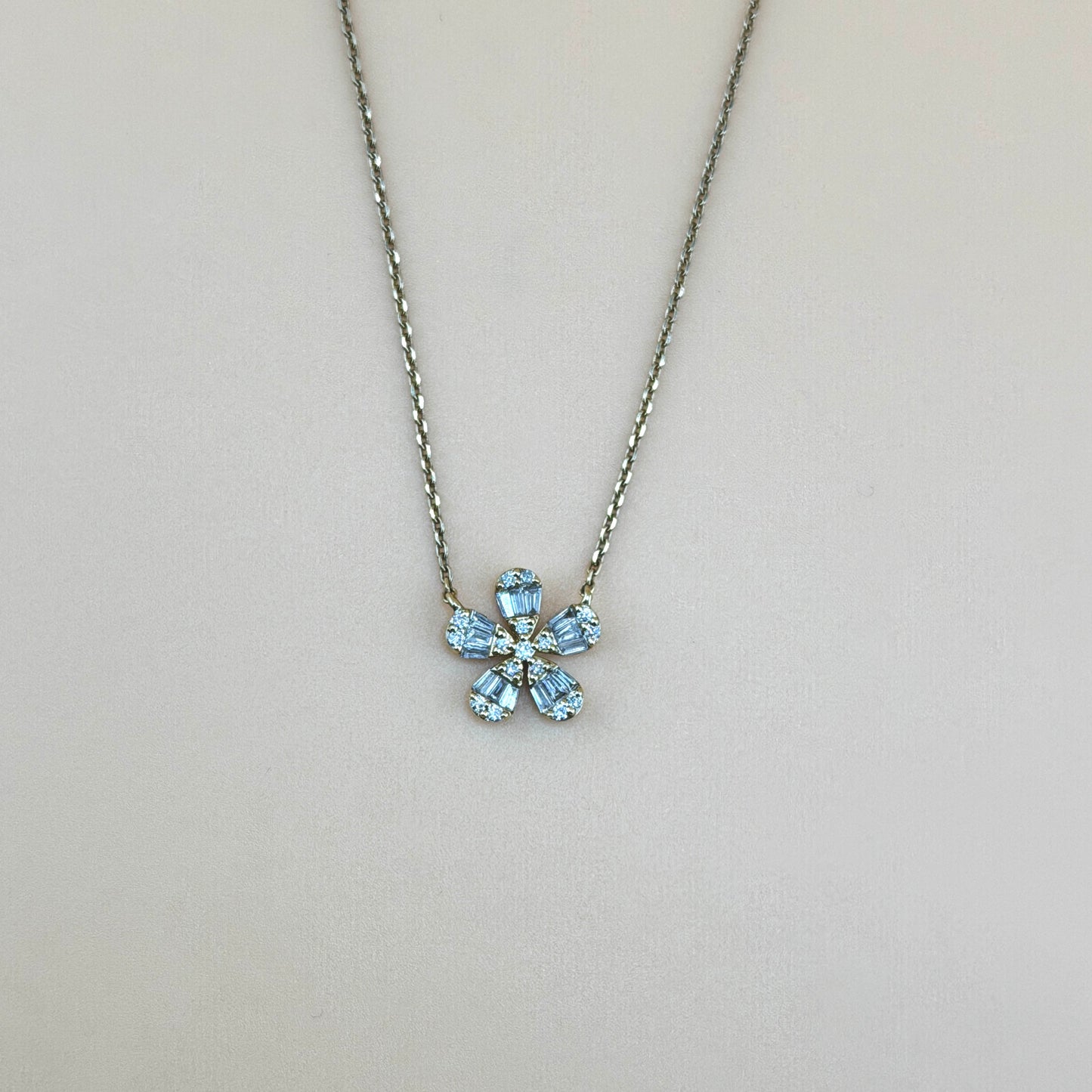 14K Yellow Gold 0.50 CTW Natural Diamond Flower Baguette Necklace