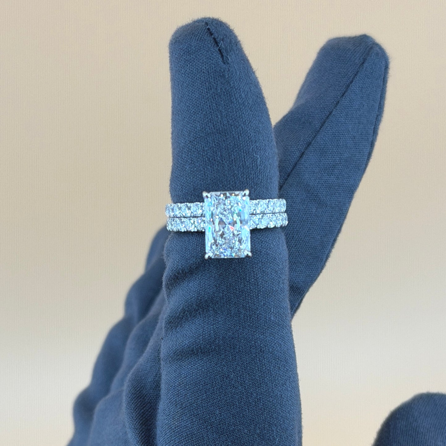 14K White Gold Radiant Cut Lab Grown Diamond Bridal Set – 4.39 CTW (3.08 CT Center) Double Hidden Halo with Matching Band