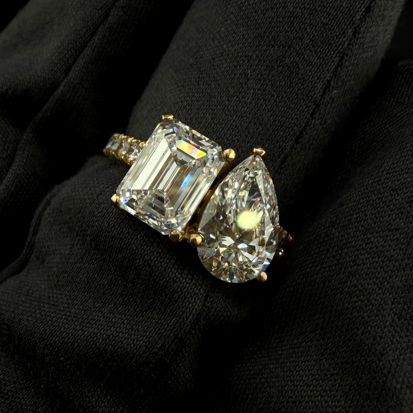 1.52 carats pear & 1.98 carat emerald center 4 carats diamonds 14k gold Engagement Ring