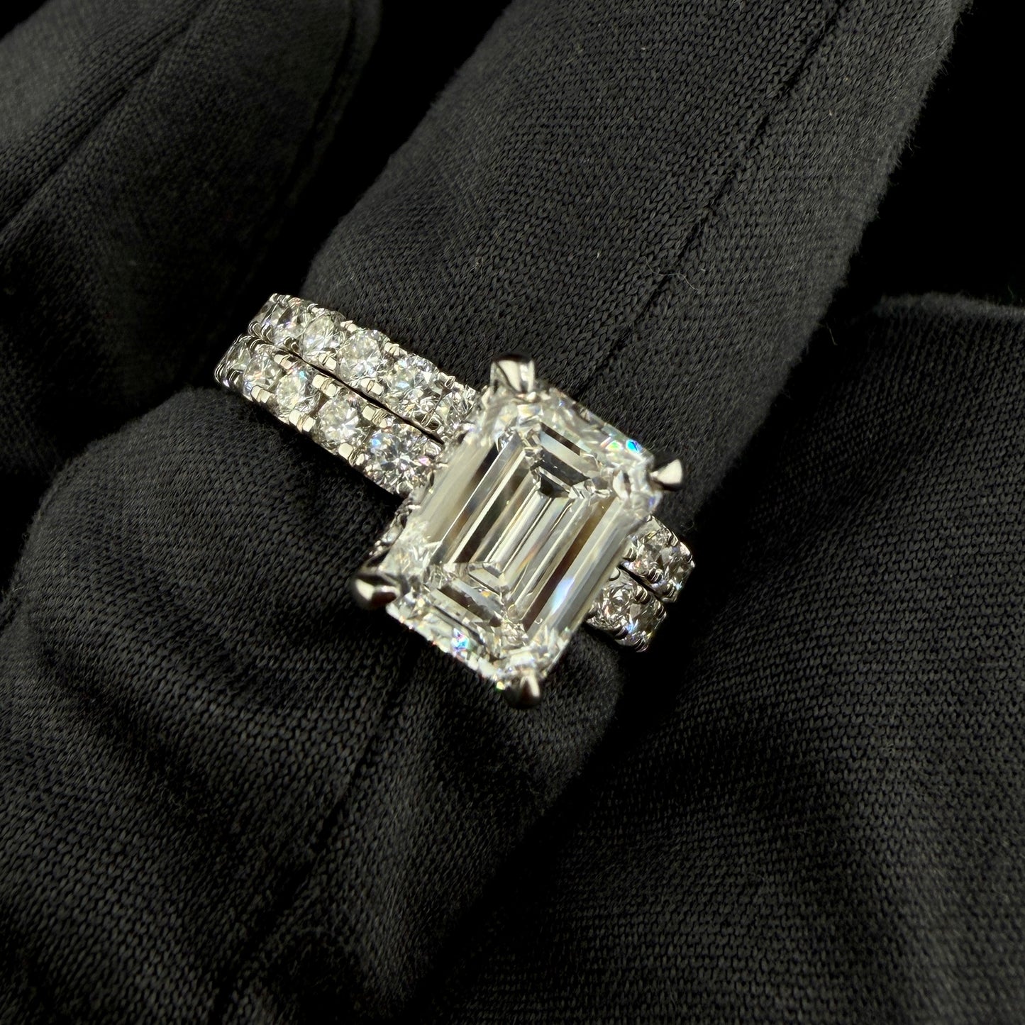 14K White Gold 3.35CTW Lab grown Diamond Bridal Set – 2.01CT Emerald Cut Center, Double Hidden Halo Engagement Ring & Matching Band