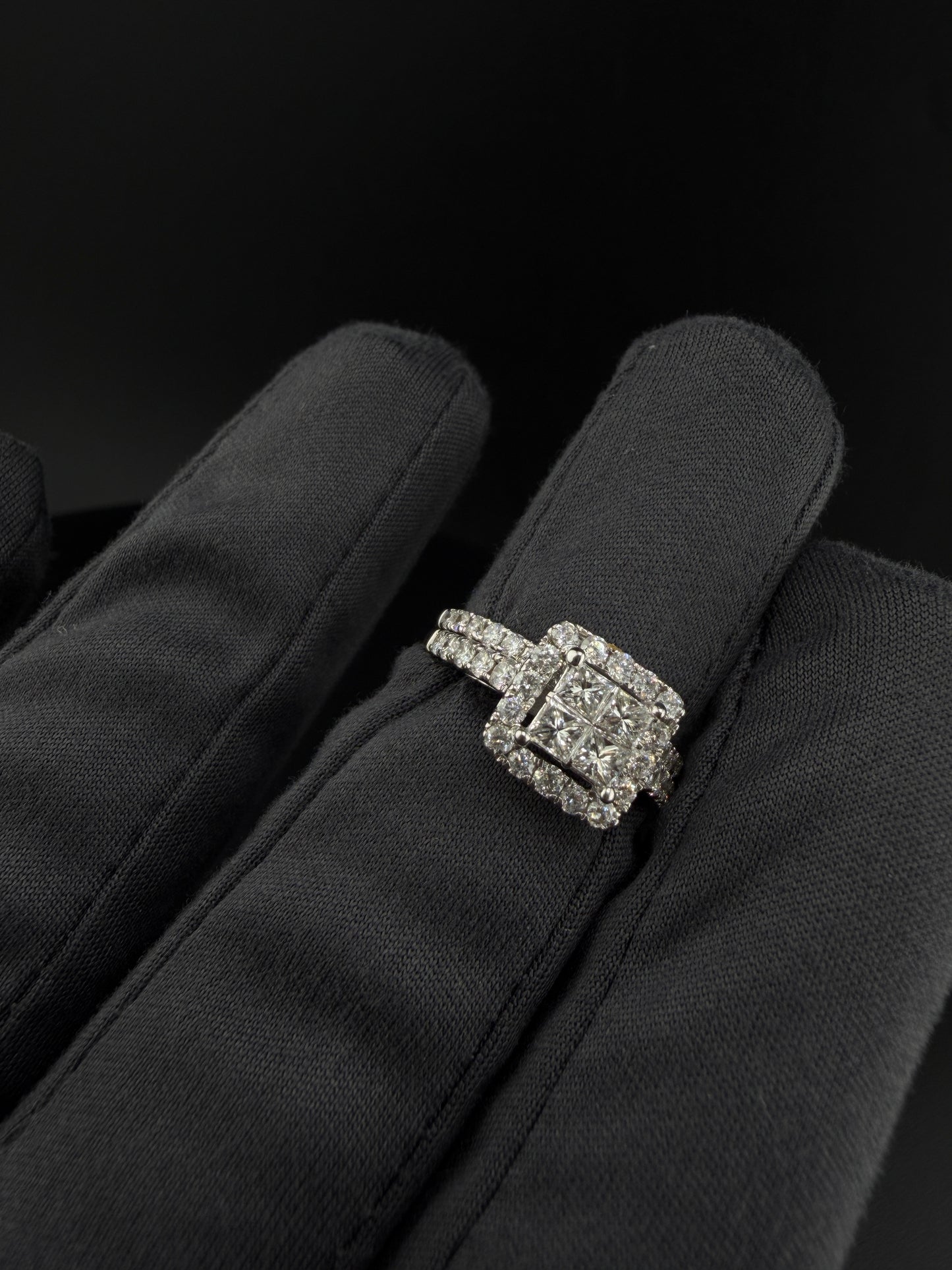 14K White Gold 1.25 CTW Diamond Bridal Set – 4 Princess Cut Center Stones with Halo