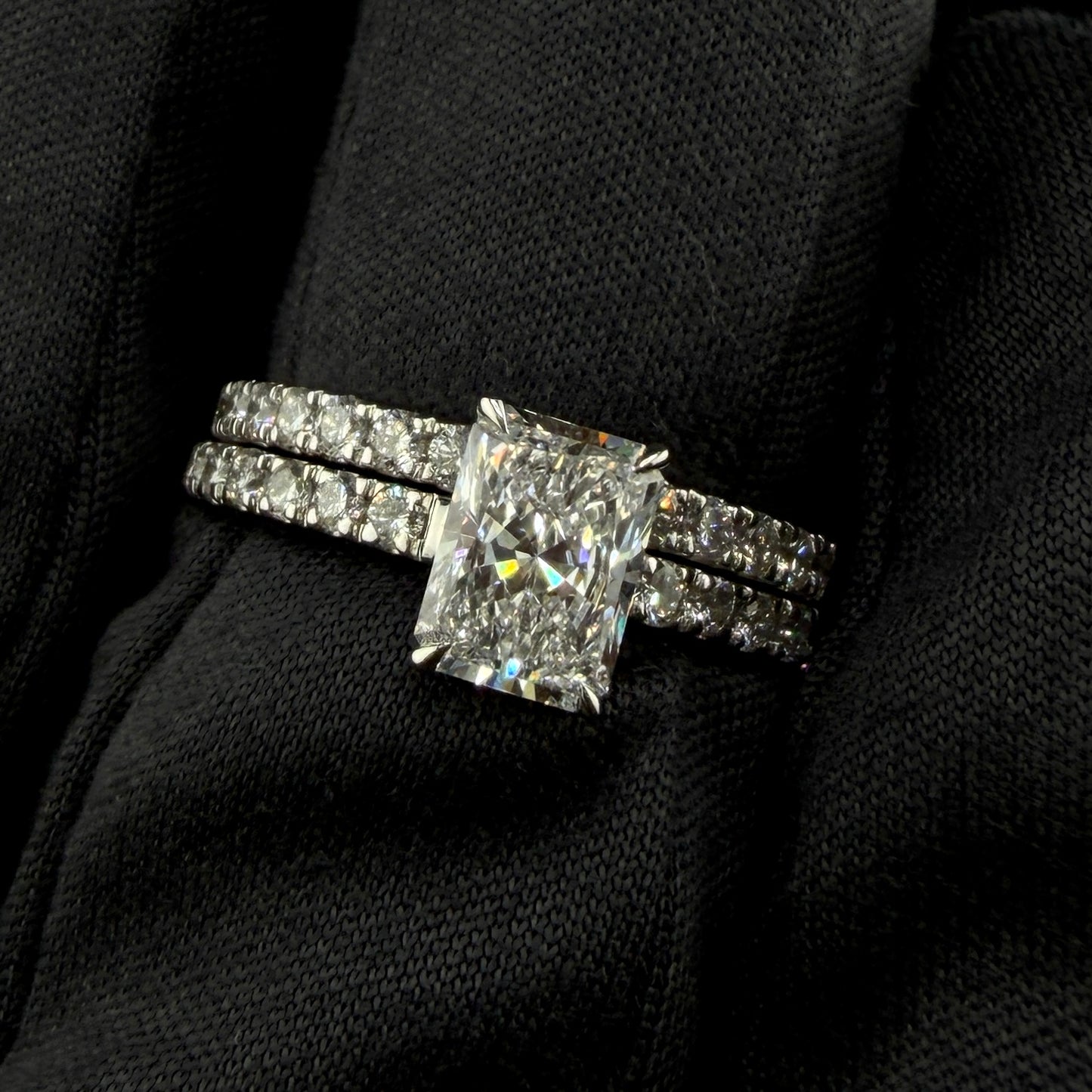 14K White Gold 1.88 CTW Radiant Diamond Bridal Set – 1.05 Ct Center E/VS1 Lab Grown, Hidden Halo