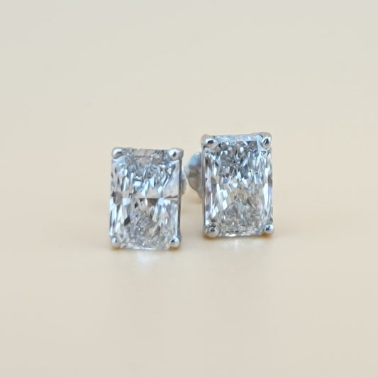 1.93 carats lab grown diamond radiant cut solitaire earrings in 14k gold