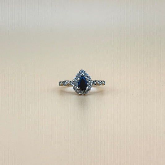 Pear Shape Natural Sapphire Engagement Ring in 14K White Gold – 0.28 CTW Diamond Halo and Pavé Band