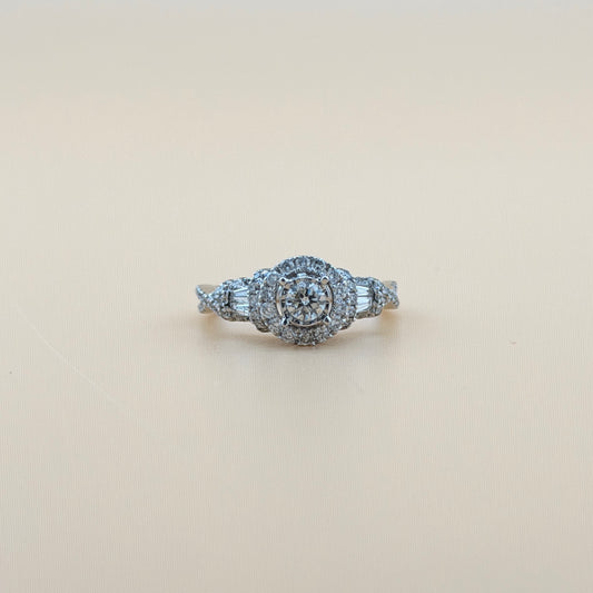 1 Carat Total Weight Natural Diamond Halo Engagement Ring in 14K White Gold – Round Cut with Baguette Side Stones