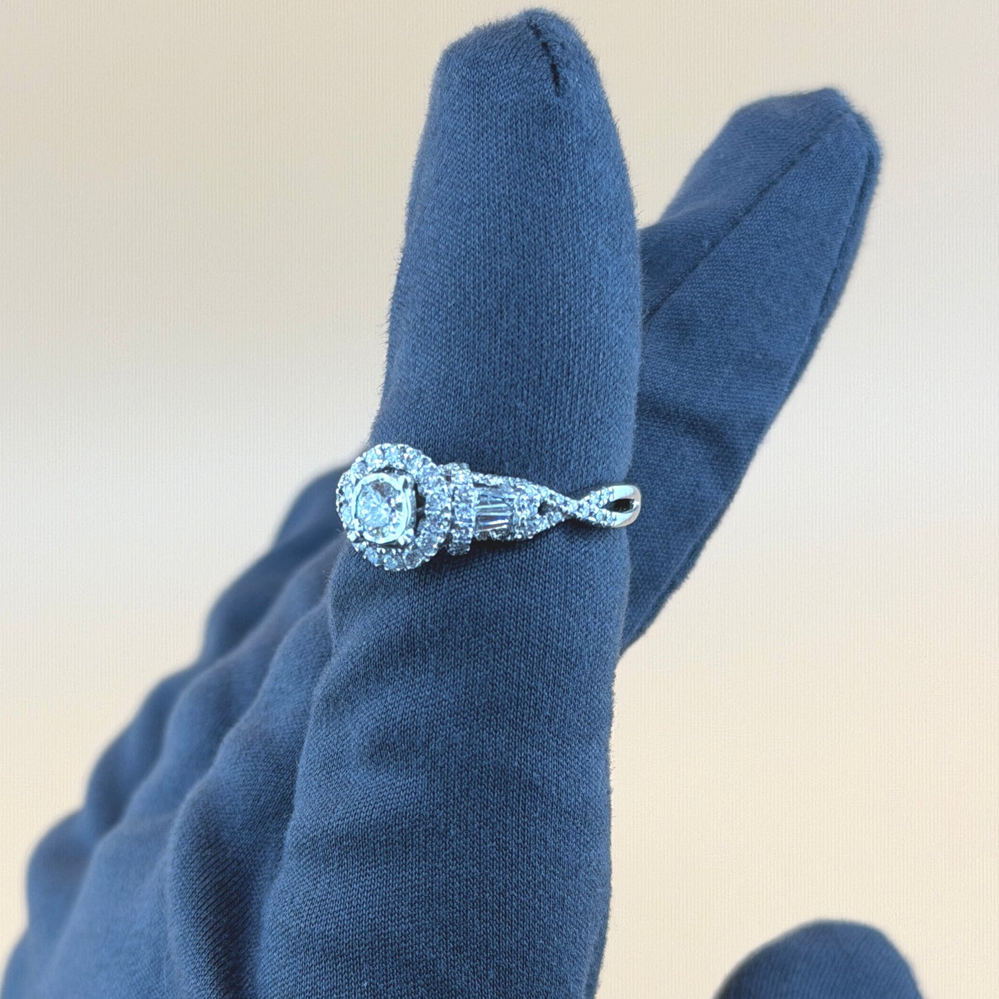 1 Carat Total Weight Natural Diamond Halo Engagement Ring in 14K White Gold – Round Cut with Baguette Side Stones