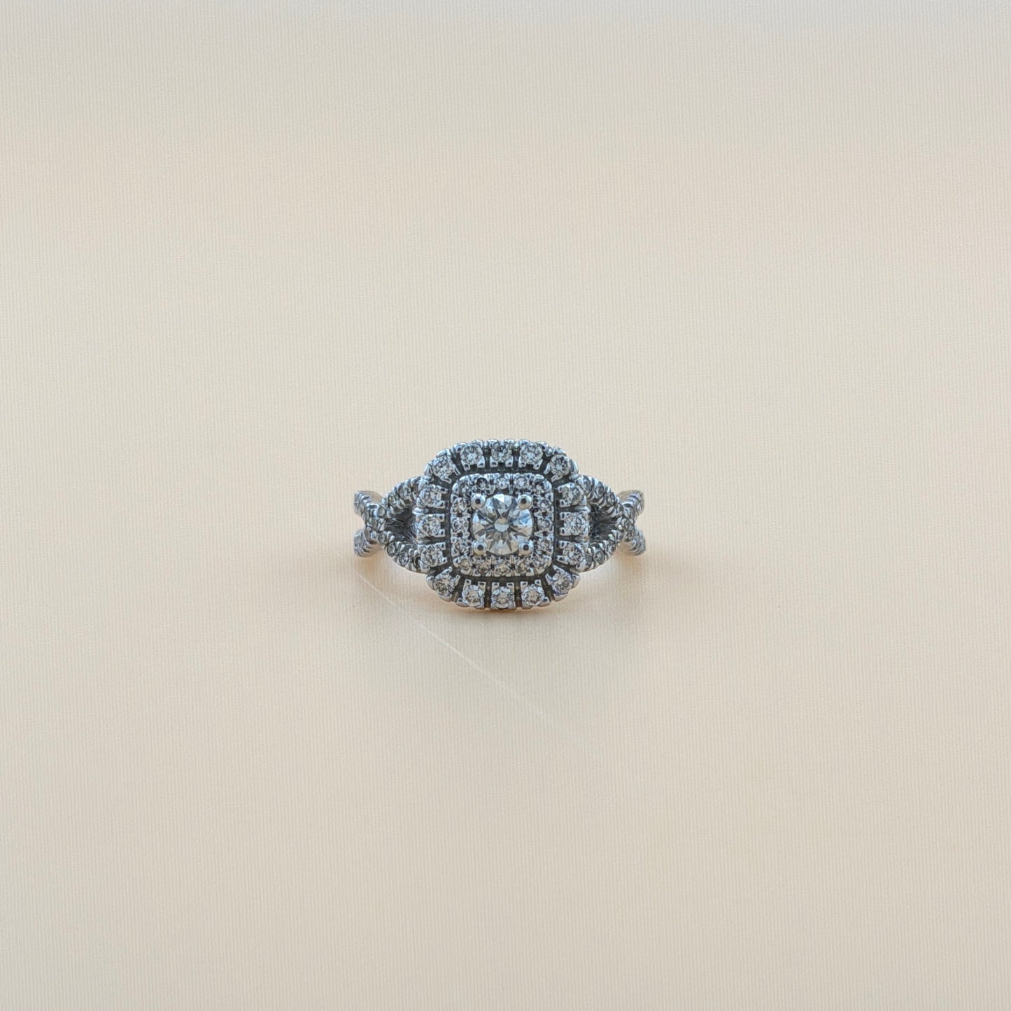 0.88 Carat Total Weight Natural Diamond Cushion Halo Engagement Ring in 14K White Gold – Double Halo Split Shank