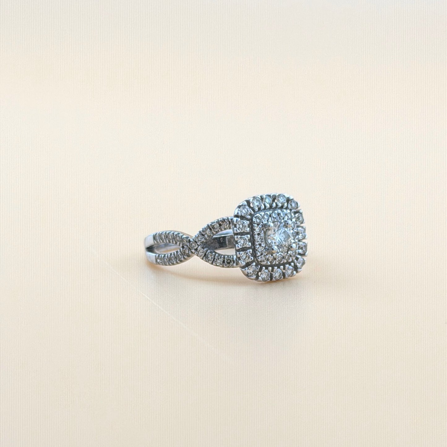0.88 Carat Total Weight Natural Diamond Cushion Halo Engagement Ring in 14K White Gold – Double Halo Split Shank