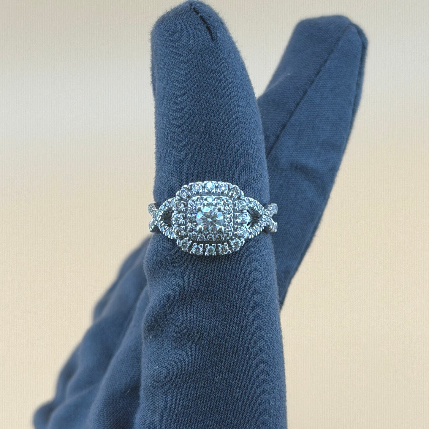 0.88 Carat Total Weight Natural Diamond Cushion Halo Engagement Ring in 14K White Gold – Double Halo Split Shank