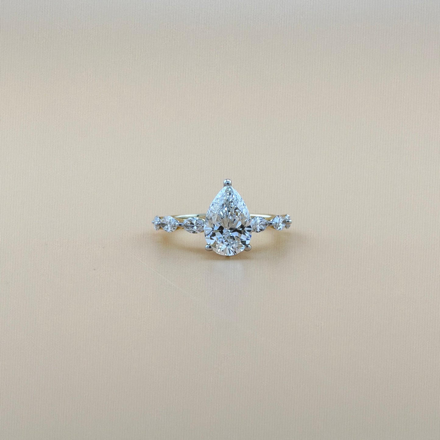 14K Yellow Gold Pear Shape Diamond Engagement Ring – 2.84 CTW (2.06 CT Center) with Marquise Side Stones