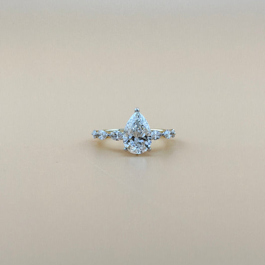 14K Yellow Gold Pear Shape Diamond Engagement Ring – 2.84 CTW (2.06 CT Center) with Marquise Side Stones