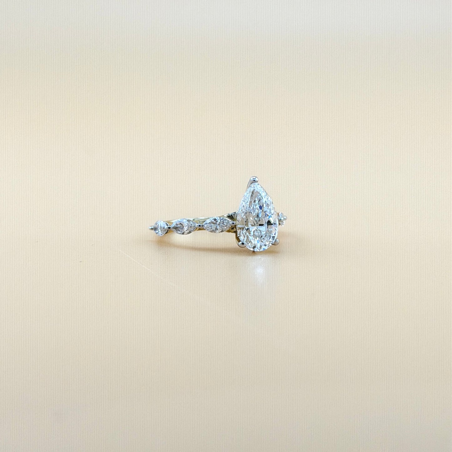 14K Yellow Gold Pear Shape Diamond Engagement Ring – 2.84 CTW (2.06 CT Center) with Marquise Side Stones