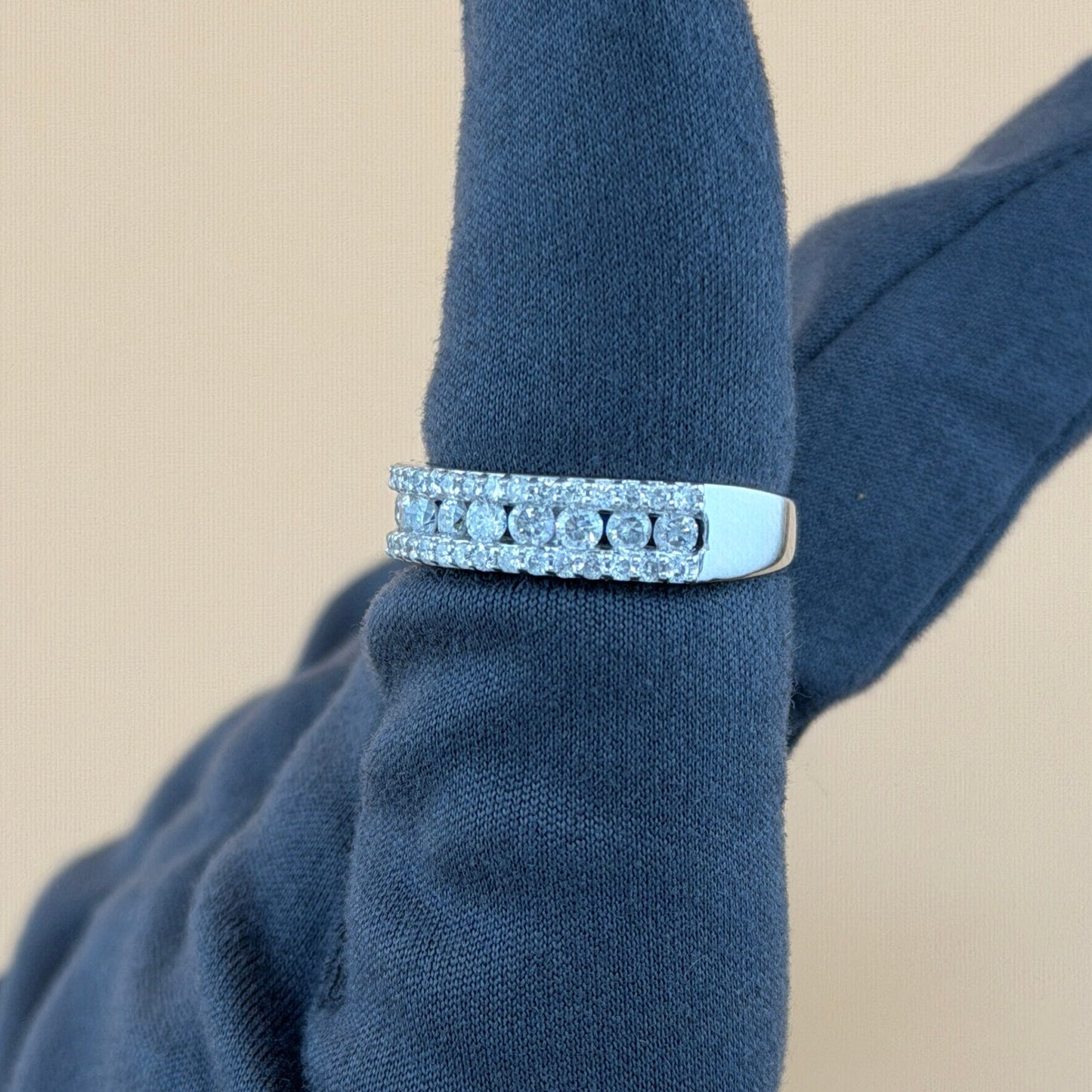 10K White Gold Natural Diamond Wedding Band – 1.00 CTW Three-Row Design