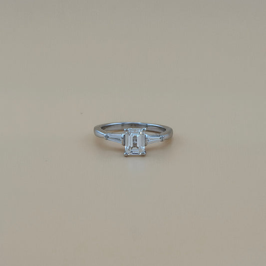 14K White Gold 1.01 CTW Emerald Cut Diamond Three-Stone Ring with Baguette Side Diamonds
