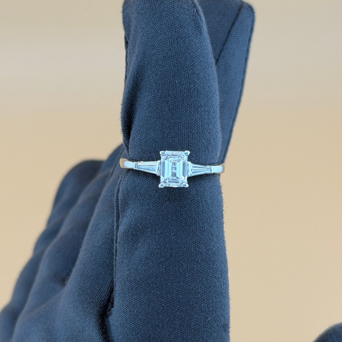 14K White Gold 1.01 CTW Emerald Cut Diamond Three-Stone Ring with Baguette Side Diamonds