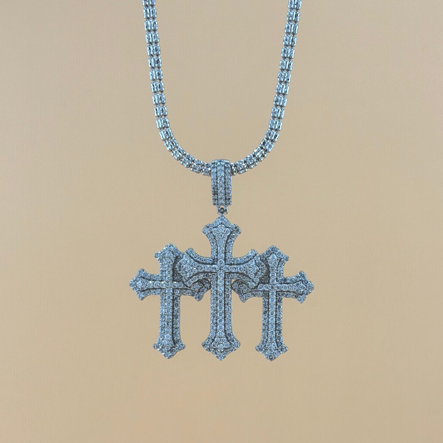 10K White Gold 3.50 CTW Natural Diamond Triple Cross Pendant