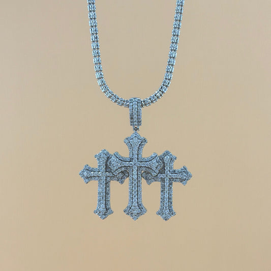 10K White Gold 3.50 CTW Natural Diamond Triple Cross Pendant