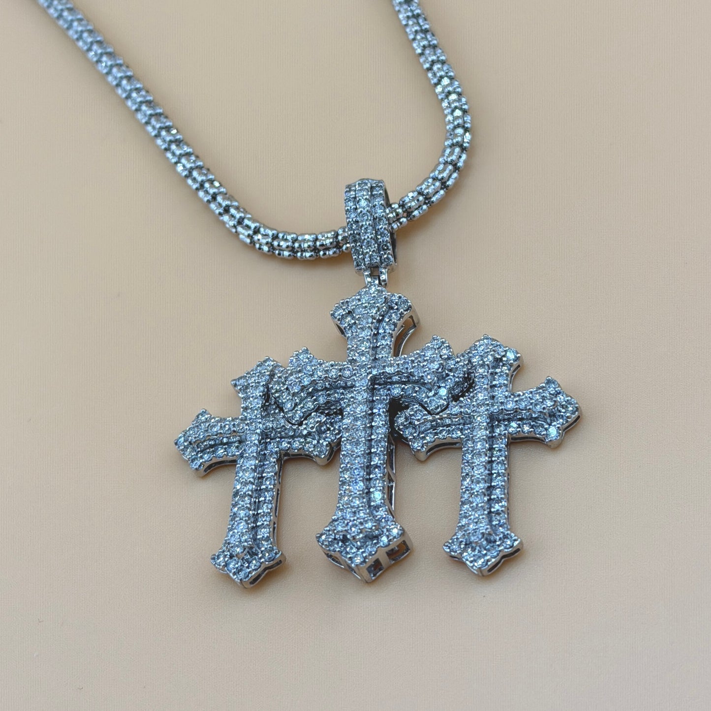 10K White Gold 3.50 CTW Natural Diamond Triple Cross Pendant