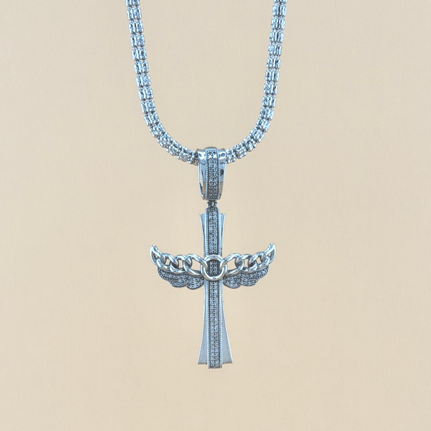 10K White Gold 0.43 CTW Natural Diamond Cross with Wings Pendant