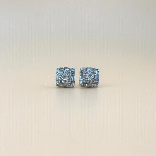 10K White Gold 0.75 CTW Natural Diamond Square Halo Earrings with Baguettes