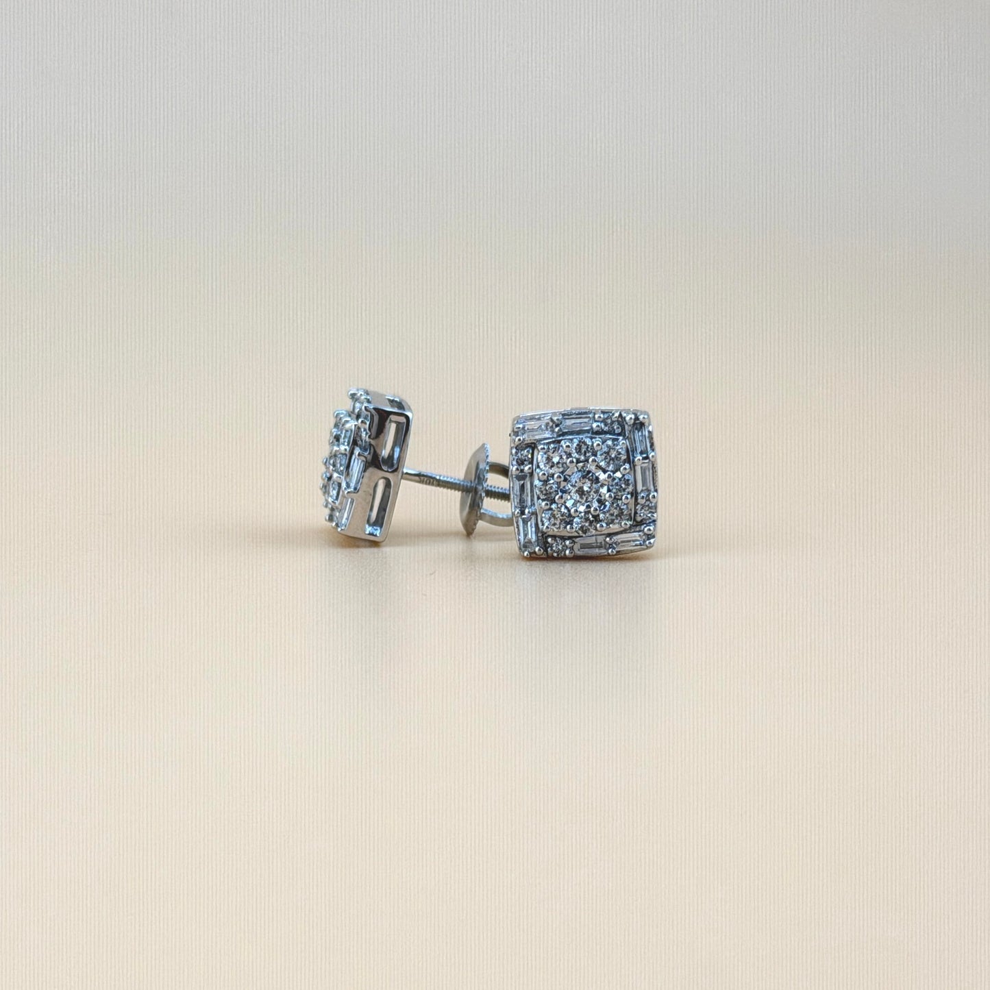 10K White Gold 0.75 CTW Natural Diamond Square Halo Earrings with Baguettes