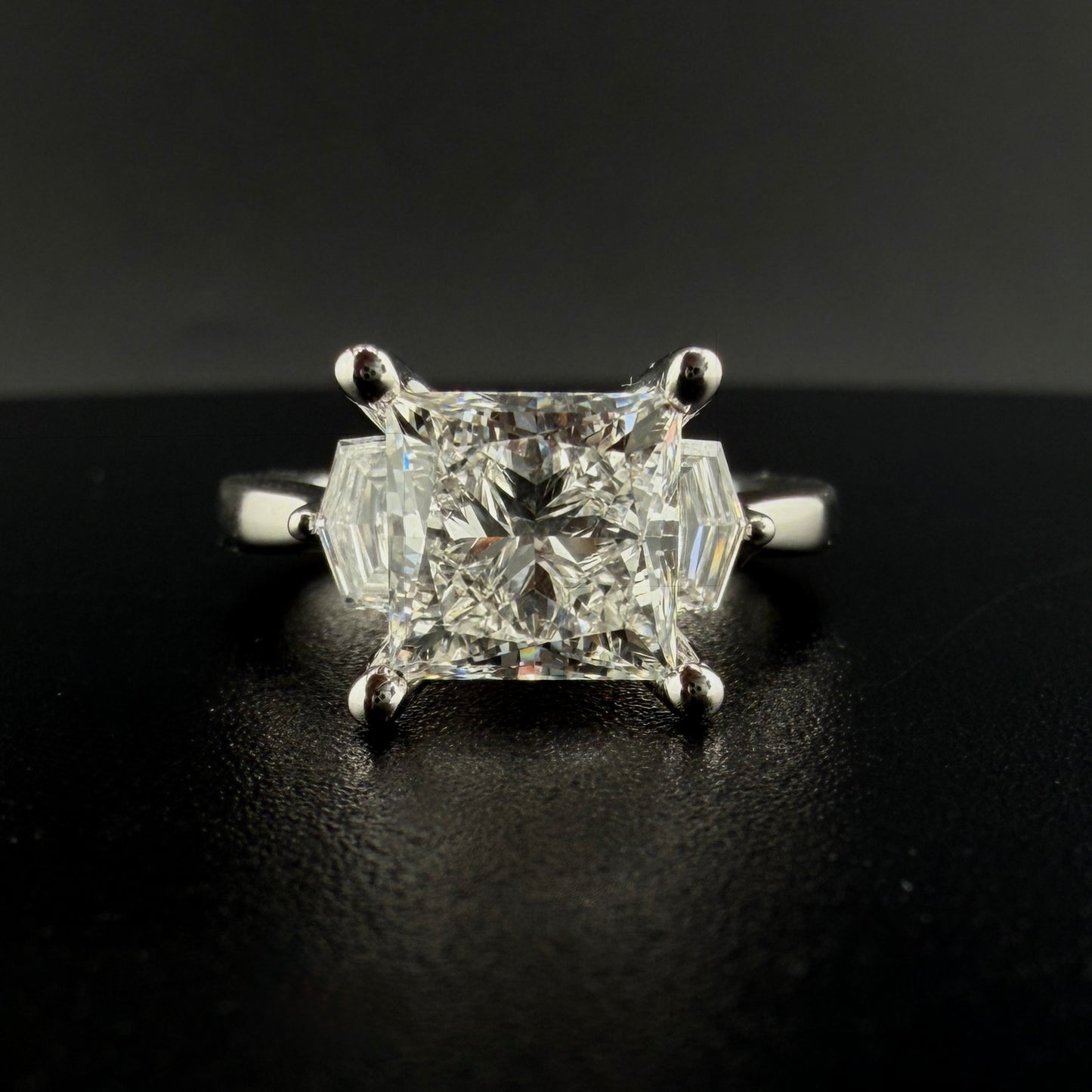 14K White Gold 3.50 CTW Lab Diamond Princess Cut Engagement Ring – 3 CT Center with Trapezoid Side Stones