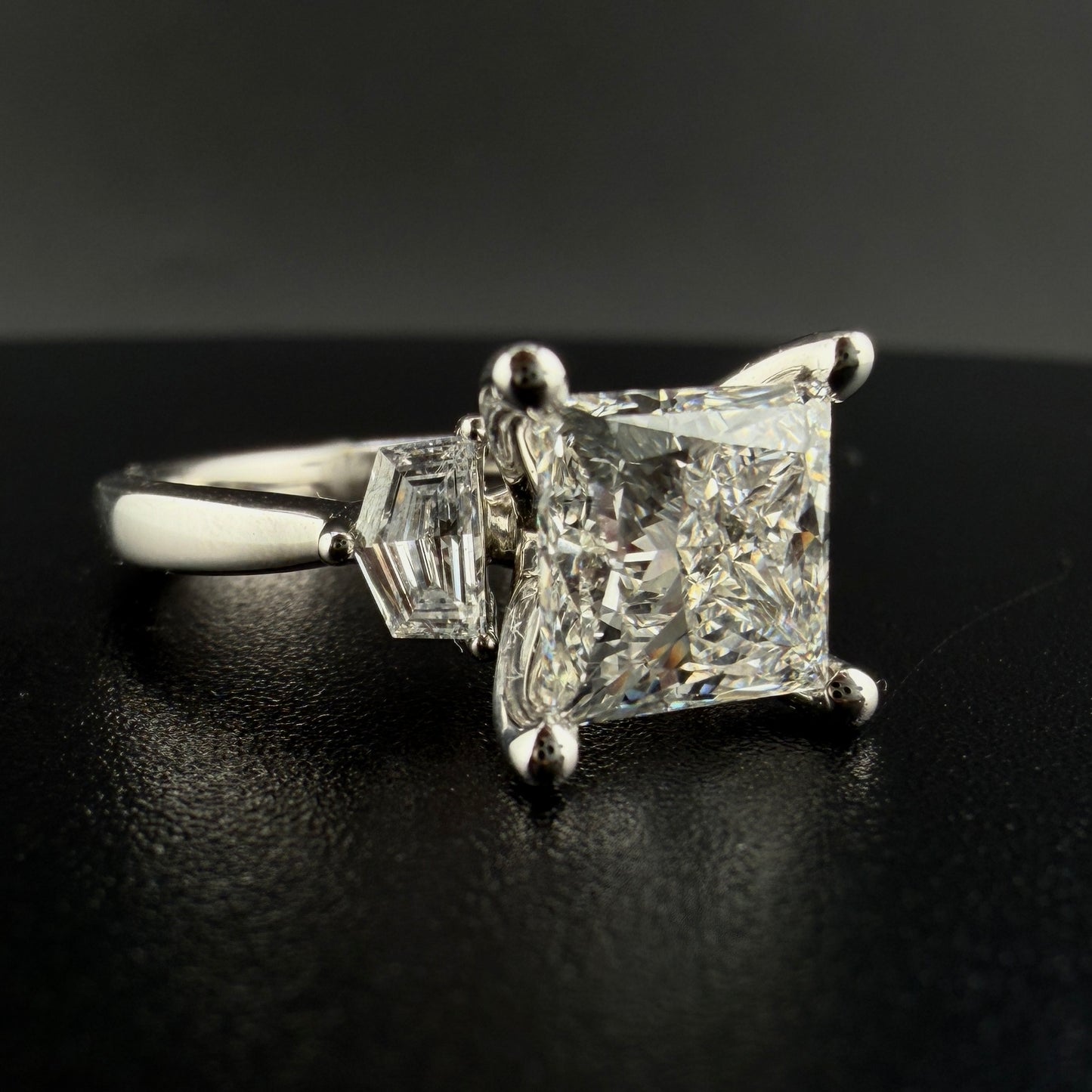 14K White Gold 3.50 CTW Lab Diamond Princess Cut Engagement Ring – 3 CT Center with Trapezoid Side Stones