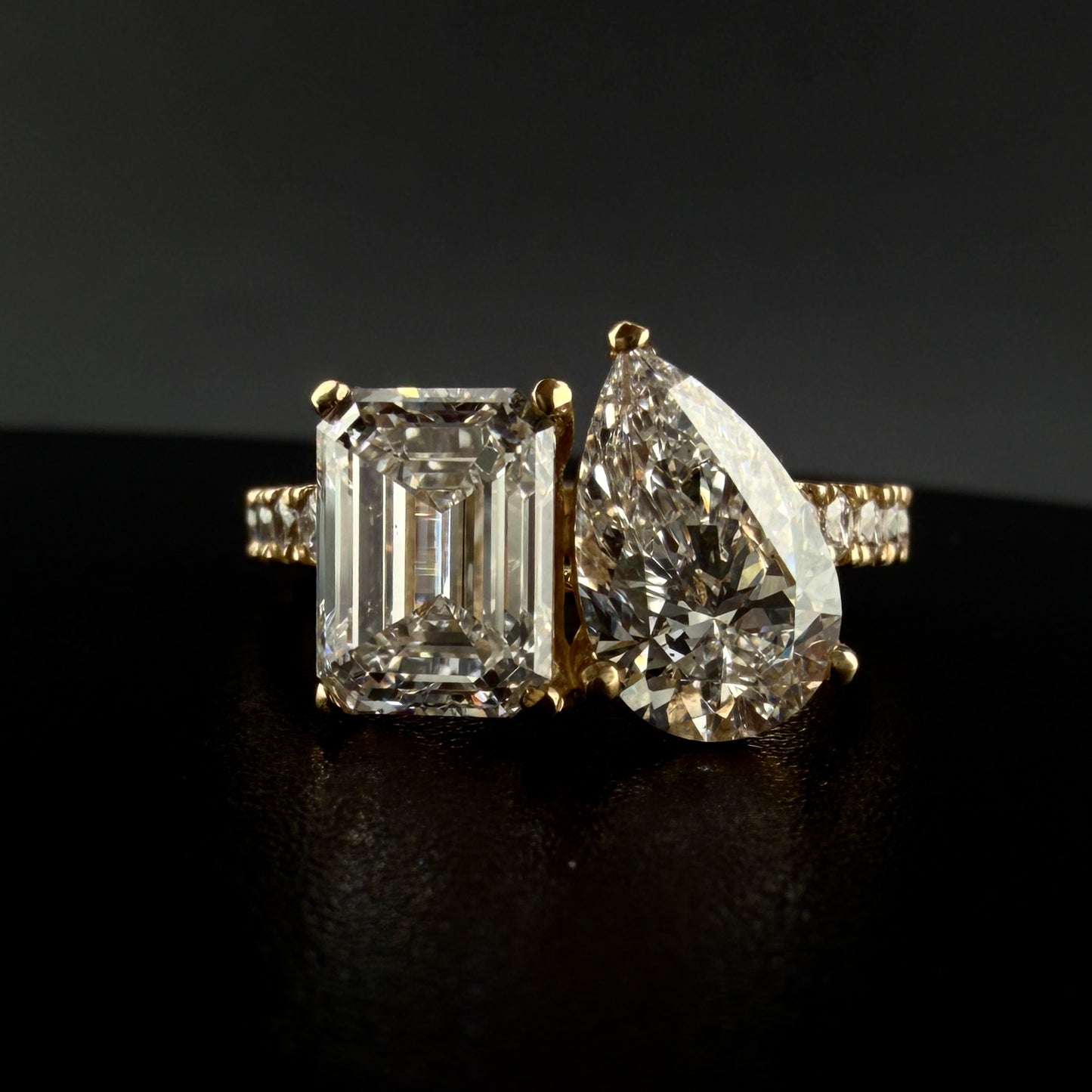1.52 carats pear & 1.98 carat emerald center 4 carats diamonds  14k gold Engagement Ring