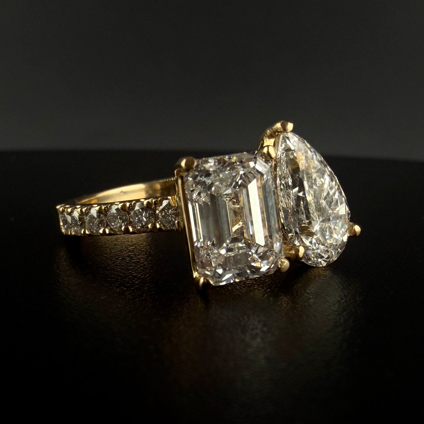 1.52 carats pear & 1.98 carat emerald center 4 carats diamonds  14k gold Engagement Ring
