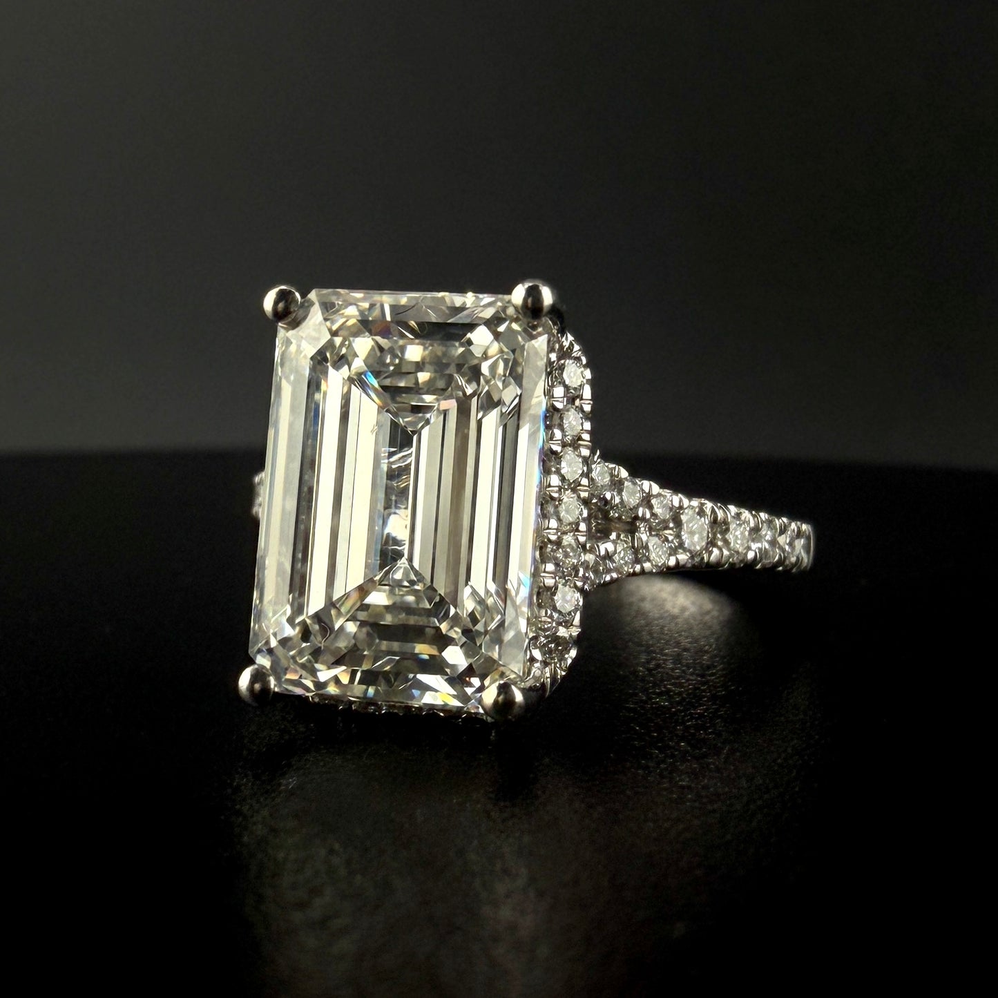 14K White Gold 6.60CTW Diamond Engagement Ring – 6.06CT Emerald Cut Center, Hidden Halo & Diamond Bridge