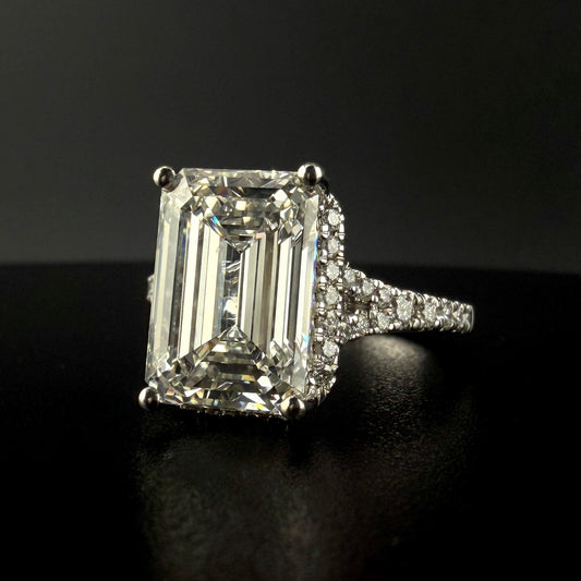 14K White Gold 6.60CTW Diamond Engagement Ring – 6.06CT Emerald Cut Center, Hidden Halo & Diamond Bridge