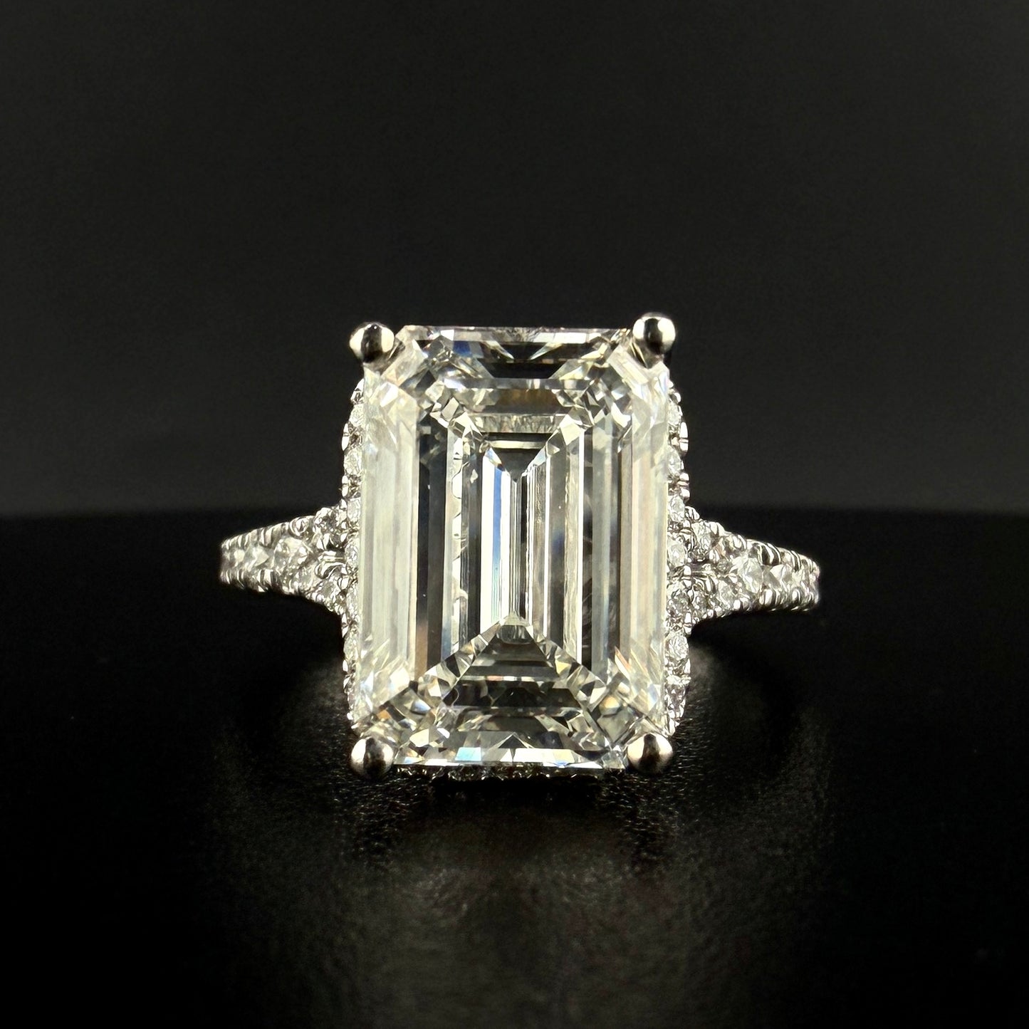 14K White Gold 6.60CTW Diamond Engagement Ring – 6.06CT Emerald Cut Center, Hidden Halo & Diamond Bridge