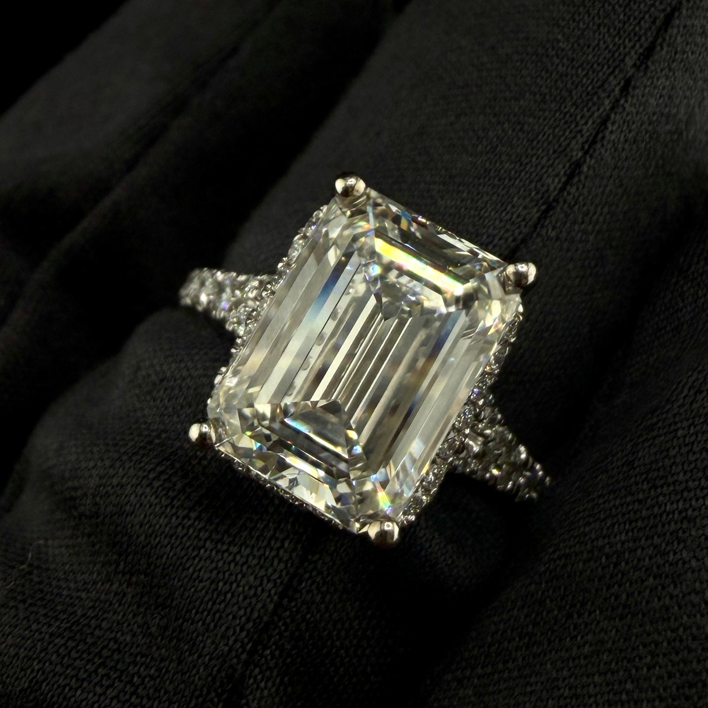 14K White Gold 6.60CTW Diamond Engagement Ring – 6.06CT Emerald Cut Center, Hidden Halo & Diamond Bridge