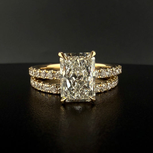 14K Yellow Gold 3.35CTW Lab Grown Diamond Bridal Set – 2.10CT Radiant Cut Center (VVS2), Hidden Halo Engagement Ring & Matching Band