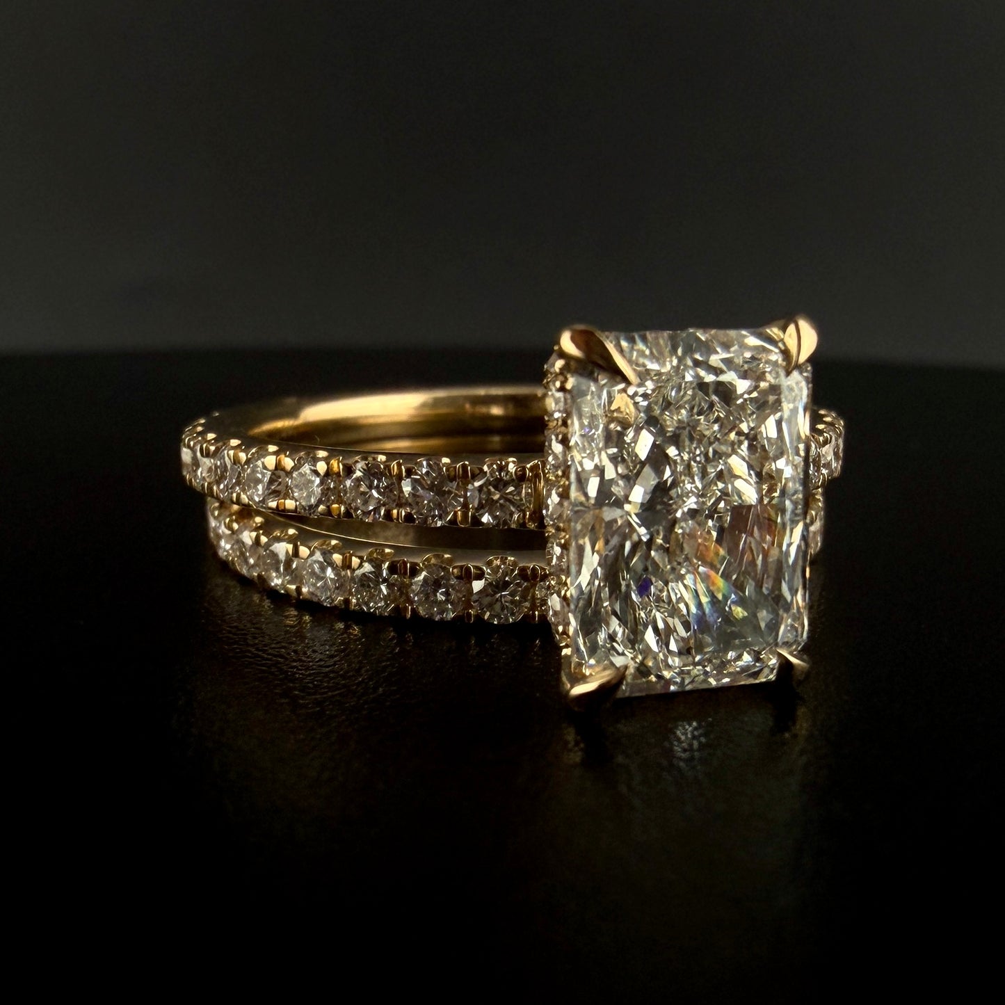 14K Yellow Gold 3.35CTW Lab Grown Diamond Bridal Set – 2.10CT Radiant Cut Center (VVS2), Hidden Halo Engagement Ring & Matching Band