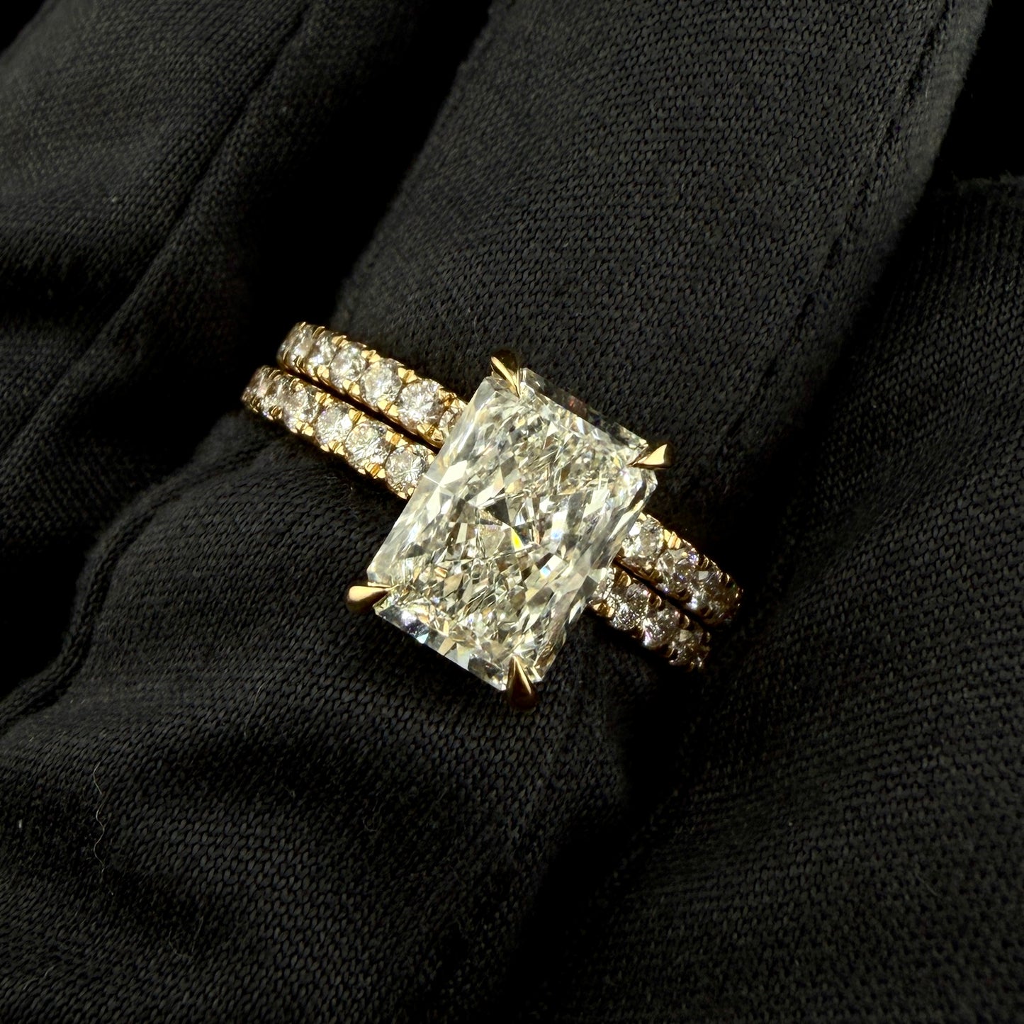 14K Yellow Gold 3.35CTW Lab Grown Diamond Bridal Set – 2.10CT Radiant Cut Center (VVS2), Hidden Halo Engagement Ring & Matching Band