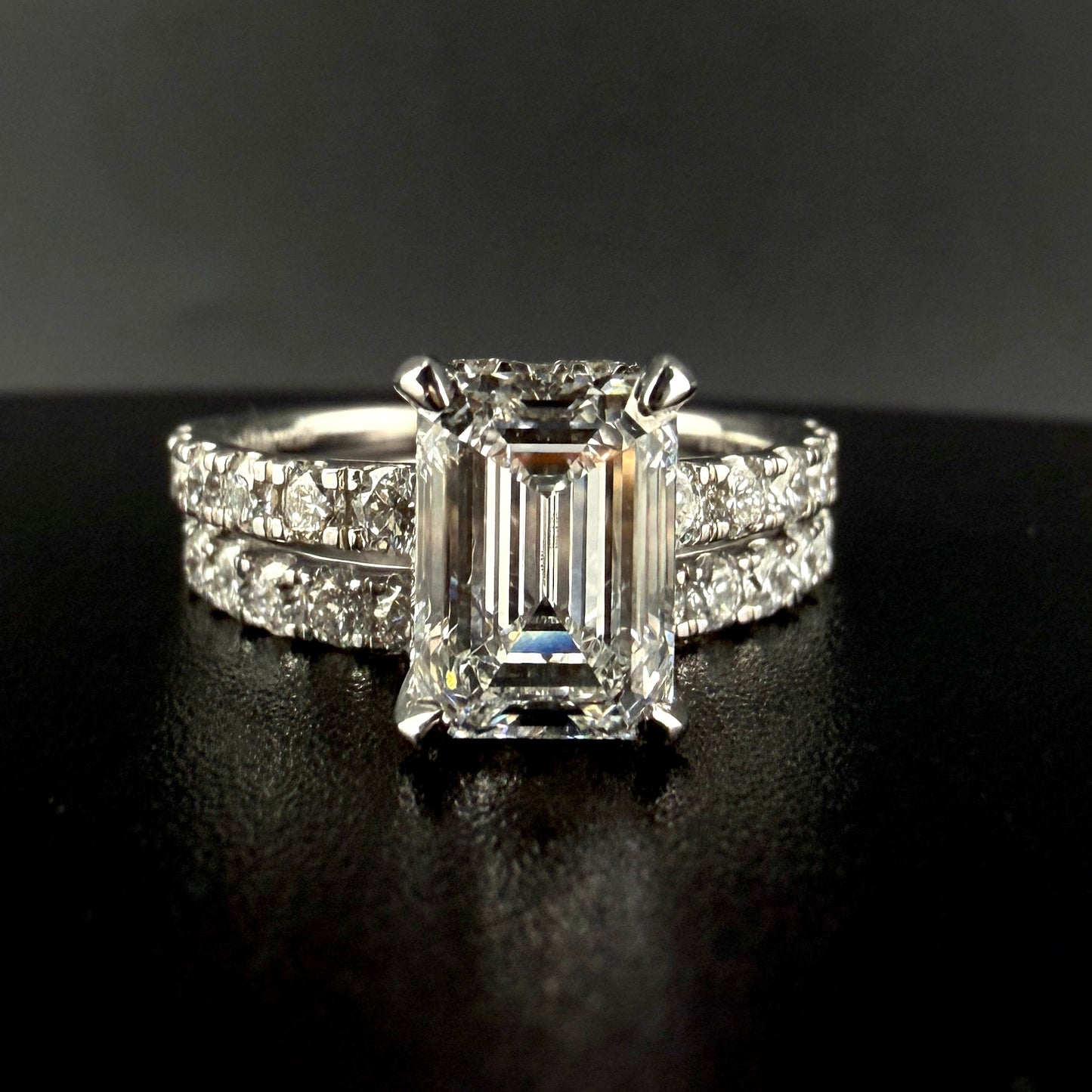 14K White Gold 3.35CTW Lab grown Diamond Bridal Set – 2.01CT Emerald Cut Center, Double Hidden Halo Engagement Ring & Matching Band