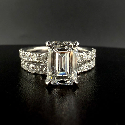 14K White Gold 3.35CTW Lab grown Diamond Bridal Set – 2.01CT Emerald Cut Center, Double Hidden Halo Engagement Ring & Matching Band