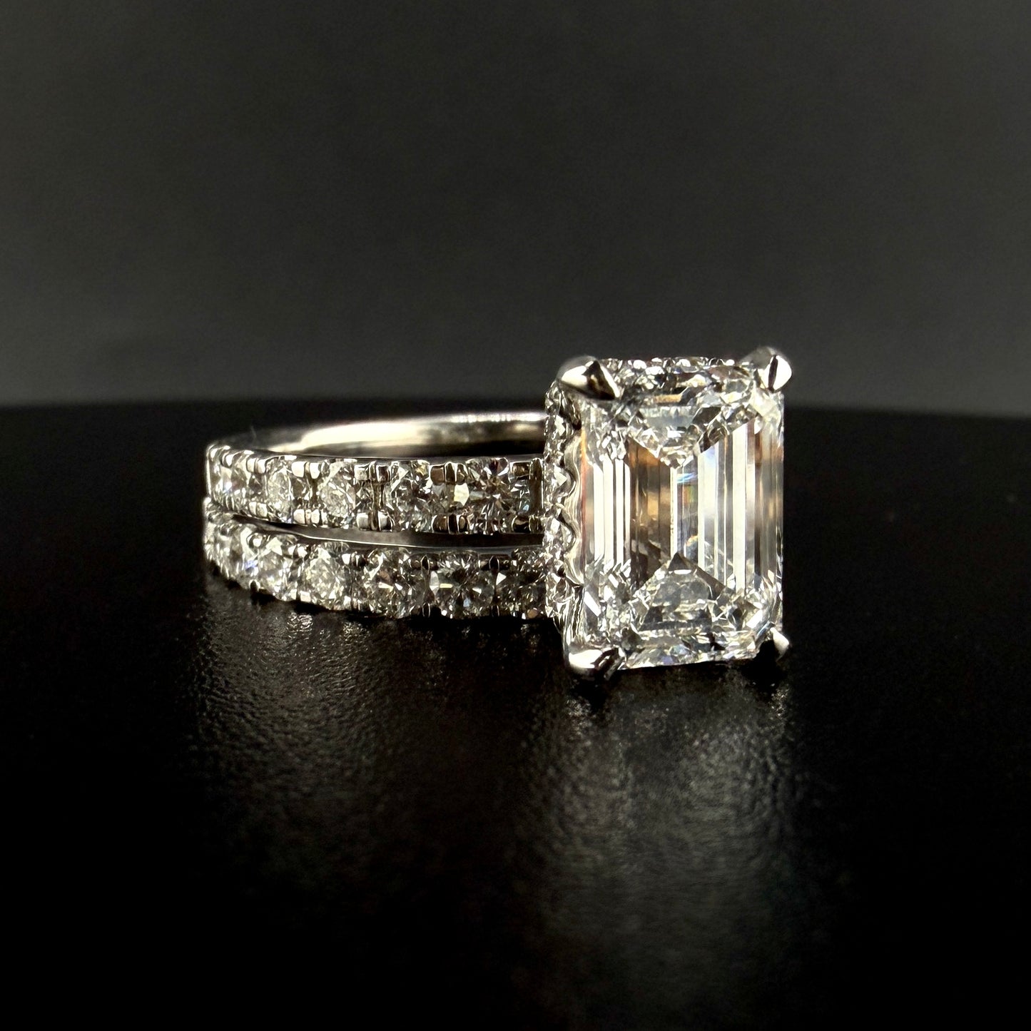 14K White Gold 3.35CTW Lab grown Diamond Bridal Set – 2.01CT Emerald Cut Center, Double Hidden Halo Engagement Ring & Matching Band