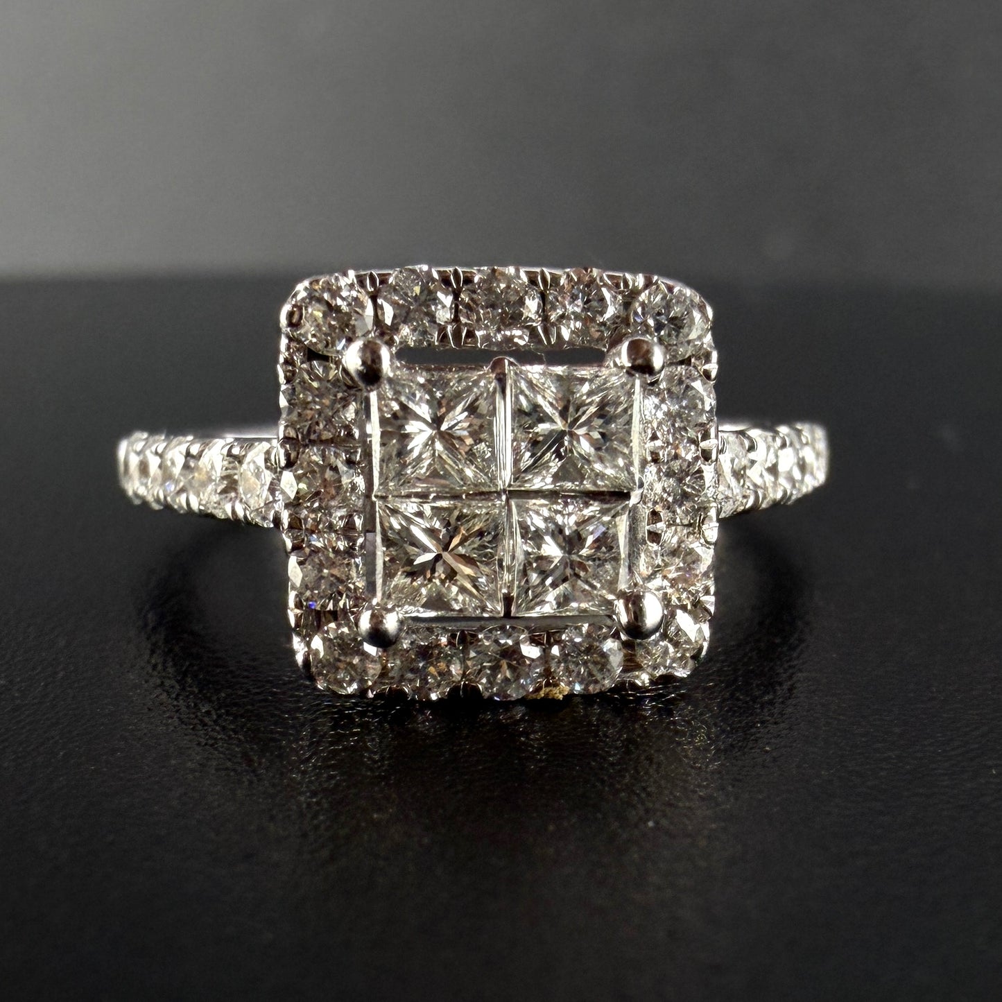 14K White Gold 1.25 CTW Diamond Bridal Set – 4 Princess Cut Center Stones with Halo