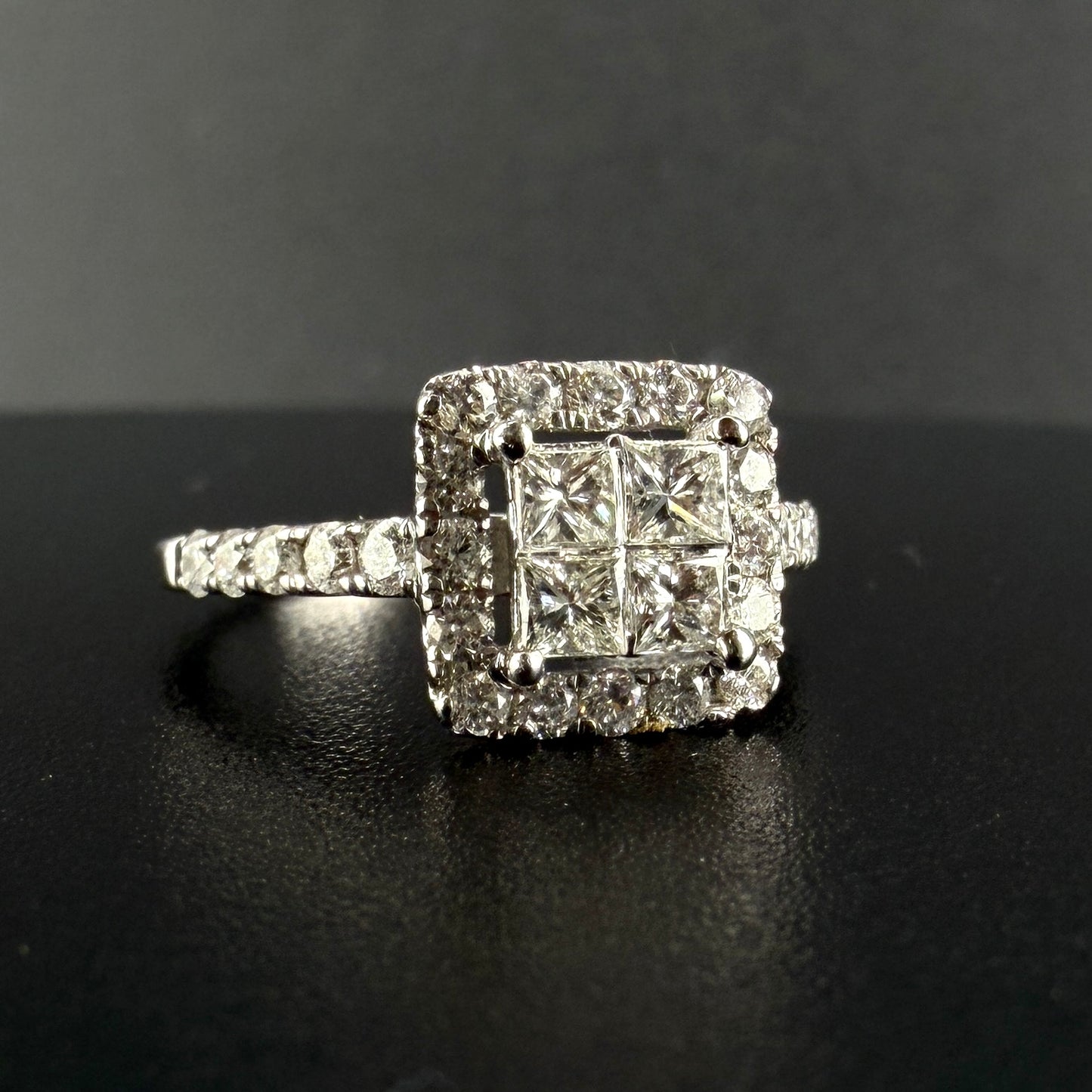 14K White Gold 1.25 CTW Diamond Bridal Set – 4 Princess Cut Center Stones with Halo