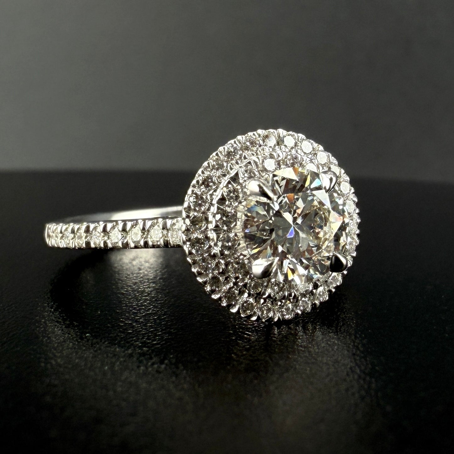 14K White Gold Round Diamond Double Halo Engagement Ring – 1.15 Ct Center