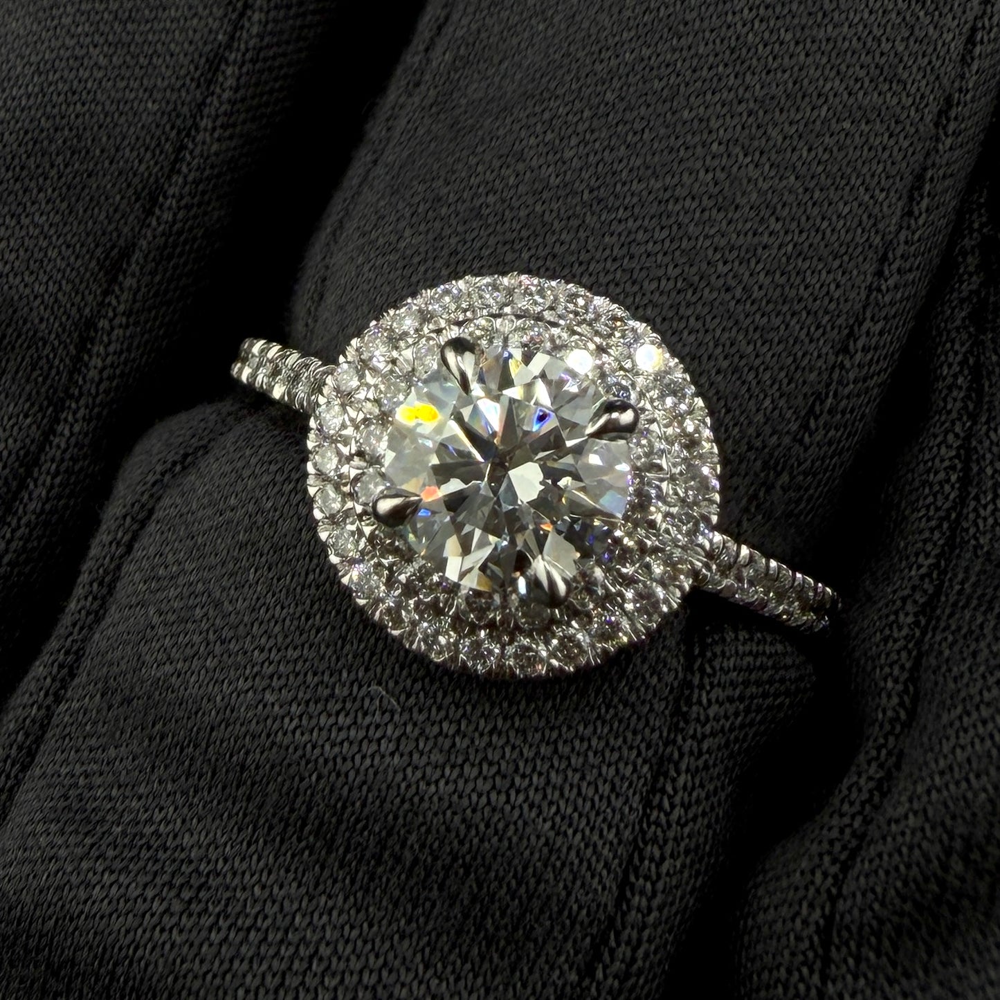 14K White Gold Round Diamond Double Halo Engagement Ring – 1.15 Ct Center