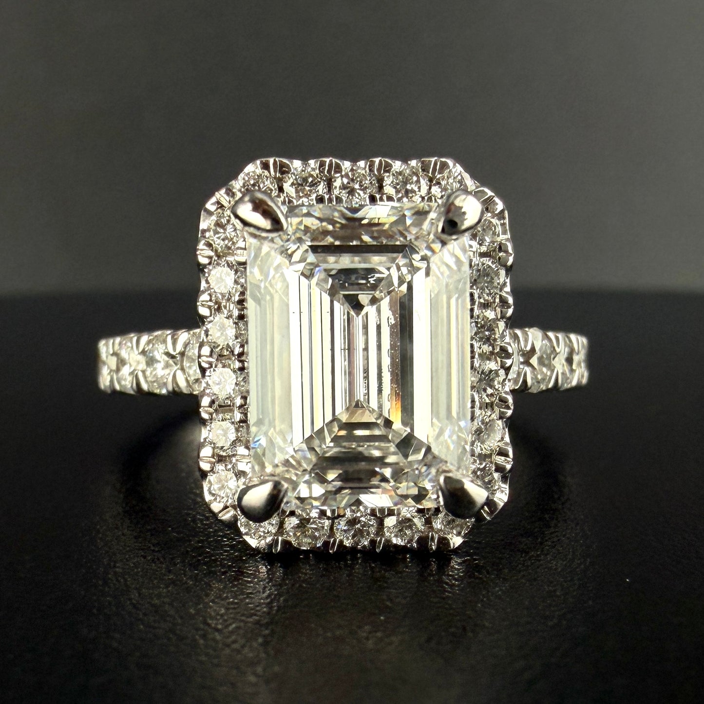 14K White Gold 4.03 CTW Emerald Cut Diamond Engagement Ring – 3.03 Ct Center F/VS1, Step-Down Halo
