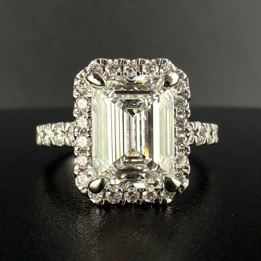 14K White Gold 4.03 CTW Emerald Cut Diamond Engagement Ring – 3.03 Ct Center F/VS1, Step-Down Halo