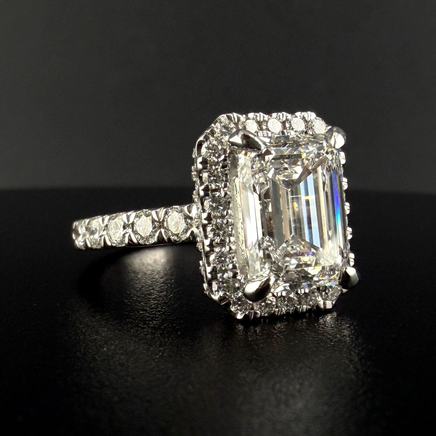 14K White Gold 4.03 CTW Emerald Cut Diamond Engagement Ring – 3.03 Ct Center F/VS1, Step-Down Halo