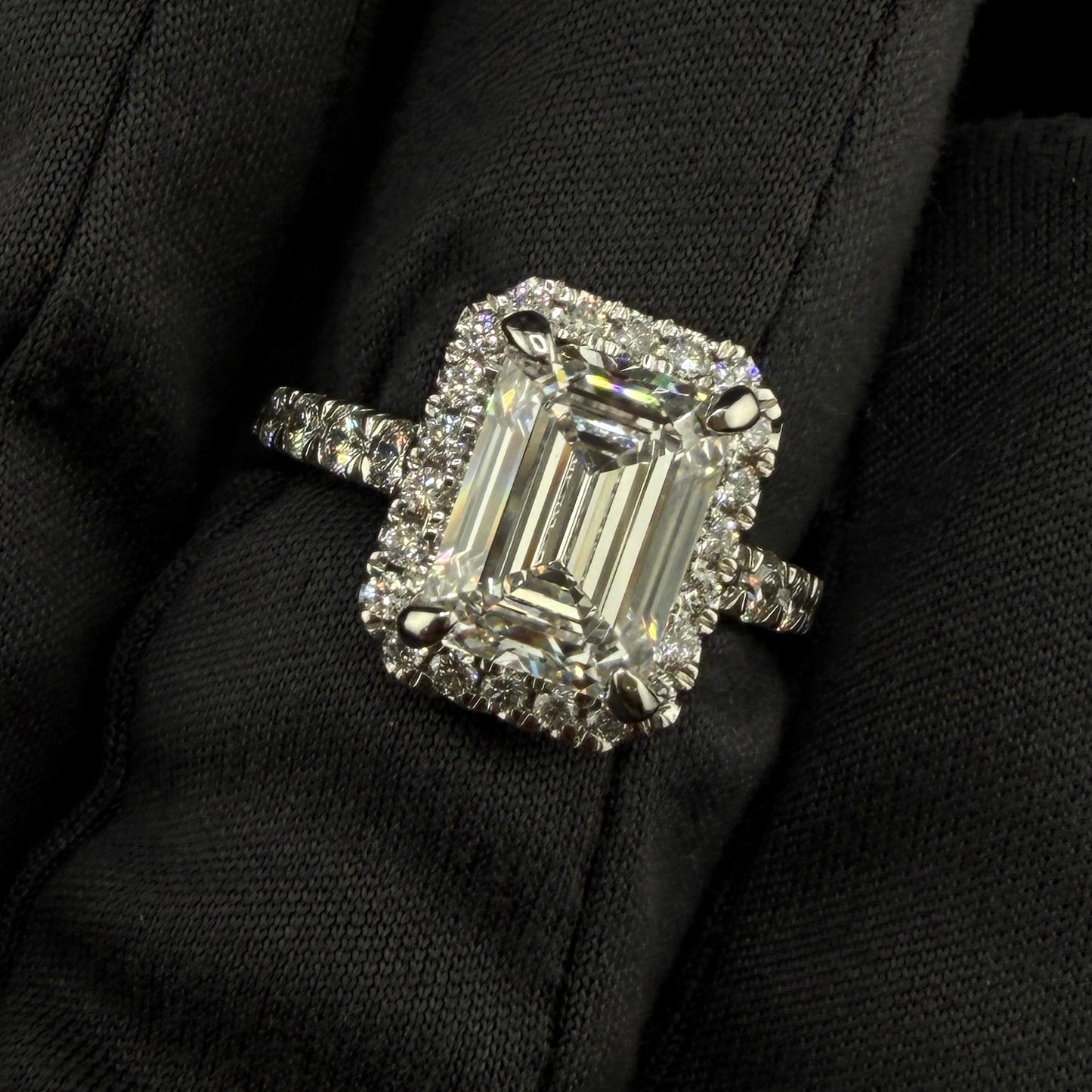 14K White Gold 4.03 CTW Emerald Cut Diamond Engagement Ring – 3.03 Ct Center F/VS1, Step-Down Halo
