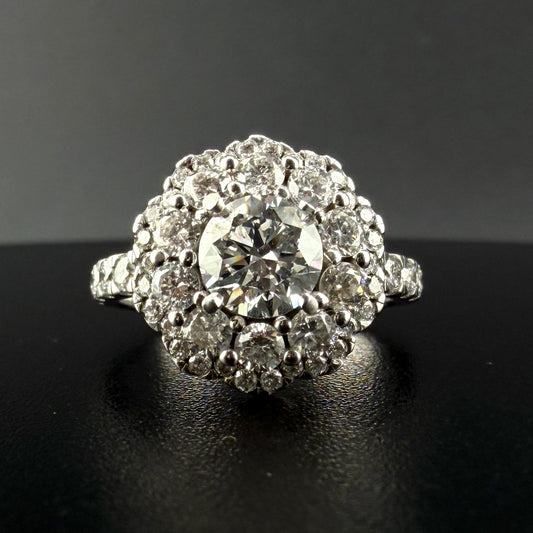 14K White Gold 2.32 CTW Round Diamond Flower Double Halo Engagement Ring – 0.93 Ct Center