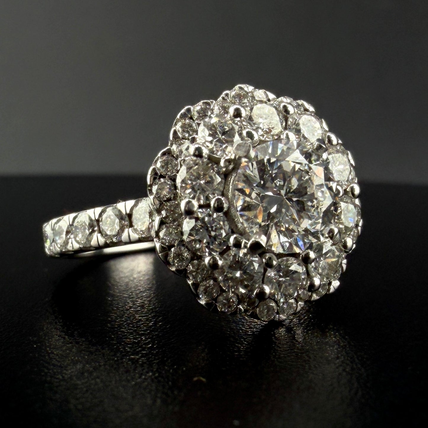 14K White Gold 2.32 CTW Round Diamond Flower Double Halo Engagement Ring – 0.93 Ct Center