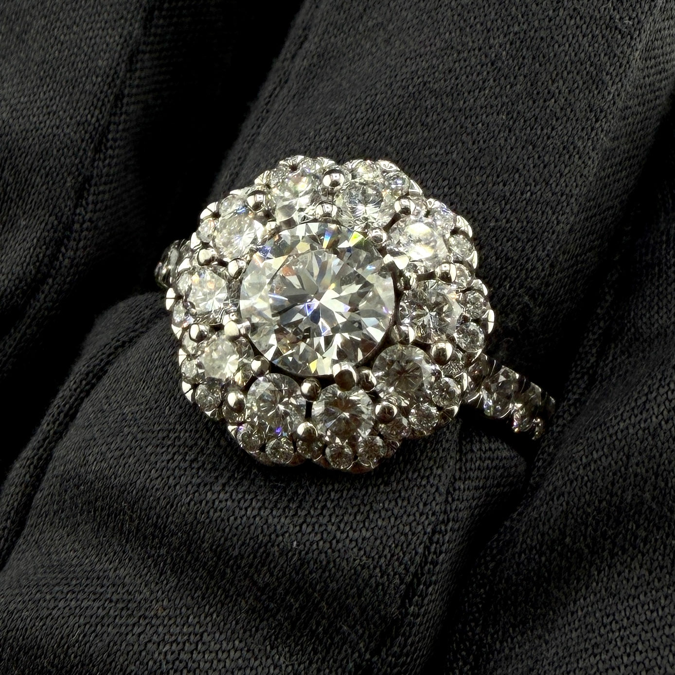 14K White Gold 2.32 CTW Round Diamond Flower Double Halo Engagement Ring – 0.93 Ct Center